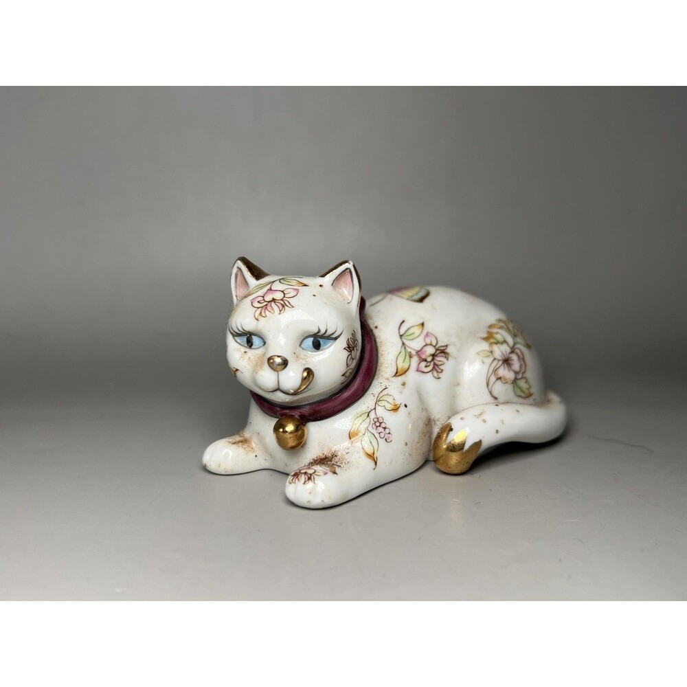 Vintage Franklin Mint Porcelain Cat Figurine Floral Gilt Bell Collar 1986 Decor